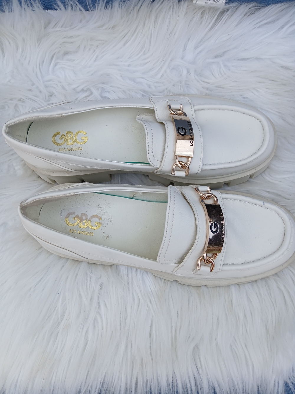 GBG Los Angeles Cream Loafers with Gold Chain Accent